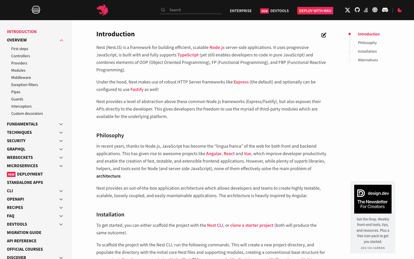 The page prioritizes clarity and functionality through a stark, dark aesthetic. Typography is clean and precise, emphasizing code snippets and documentation structure. Visual hierarchy is established through subtle variations in text weight and spacing. · nestjs docs, typescript documentation, developer portal, technical documentation, code examples, dark theme, api reference