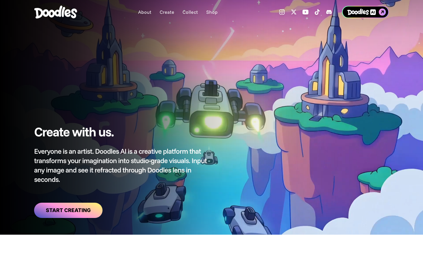 Doodles: Be Beautiful. Be Everywhere. - Collect, Wear, And Play With Doodles Across The Doodleverse.  ·  playful, maximalism, ai, creator, hero-fullbleed, hero-with-cta, logo-cloud