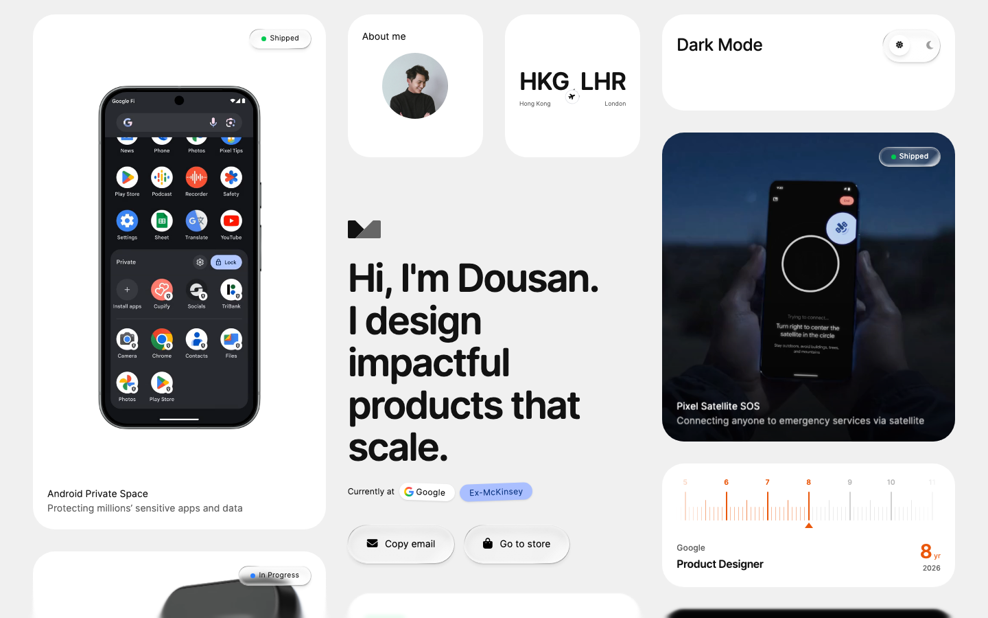 A clean, modular layout using rounded corners and generous white space. The design relies on a strict grid of varying tile sizes to balance bold typography with product screenshots. · ux portfolio bento, minimalist designer site, modular grid layout, soft ui cards, product designer portfolio