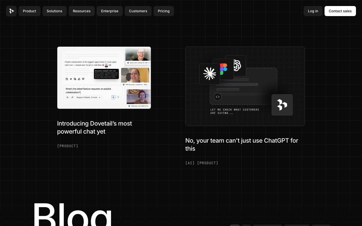 The page uses a dark, grid-based layout with a prominent hero section and a data visualization. The typography is clean and functional, prioritizing readability and data presentation over decorative elements. It feels precise and focused. · analytics dashboard, data visualization, saas analytics, feature tracking, product feedback, dark ui, grid layout, dovetail, reporting, metrics