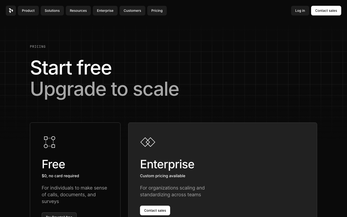 The page uses a dark, grid-based layout with a prominent hero section and a data visualization. The typography is clean and functional, prioritizing readability and data presentation over decorative elements. It feels precise and focused. · analytics dashboard, data visualization, saas analytics, feature tracking, product feedback, dark ui, grid layout, dovetail, reporting, metrics