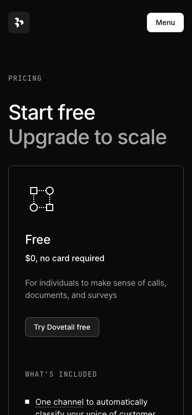 Dovetail — Pricing - mobile