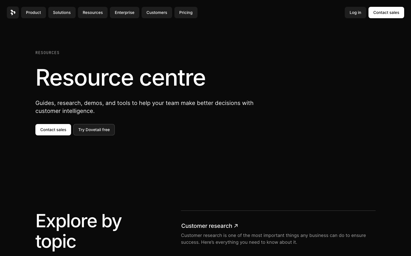 The page uses a dark, grid-based layout with a prominent hero section and a data visualization. The typography is clean and functional, prioritizing readability and data presentation over decorative elements. It feels precise and focused. · analytics dashboard, data visualization, saas analytics, feature tracking, product feedback, dark ui, grid layout, dovetail, reporting, metrics