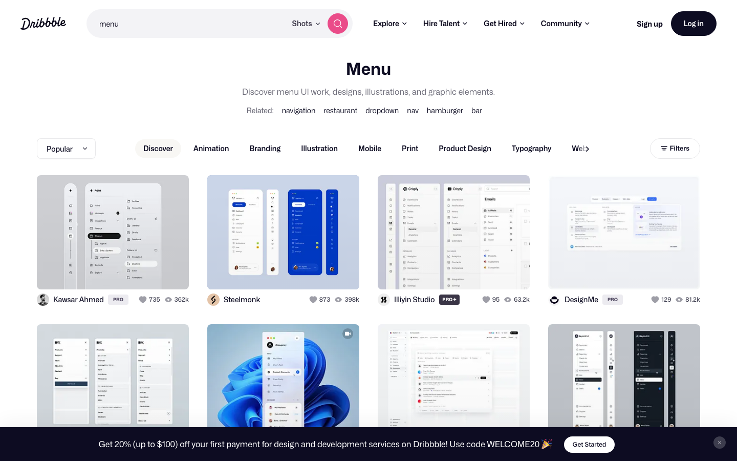 The layout prioritizes a clean, structured presentation of designer profiles. A grid of featured designers is offset by a prominent search bar, creating a balanced and functional experience. Typography is clean and legible, with ample white space. · designer showcase, creative portfolio, design platform, user profiles, grid layout, minimalist design, creative directory, dribbble search, design inspiration, online portfolio