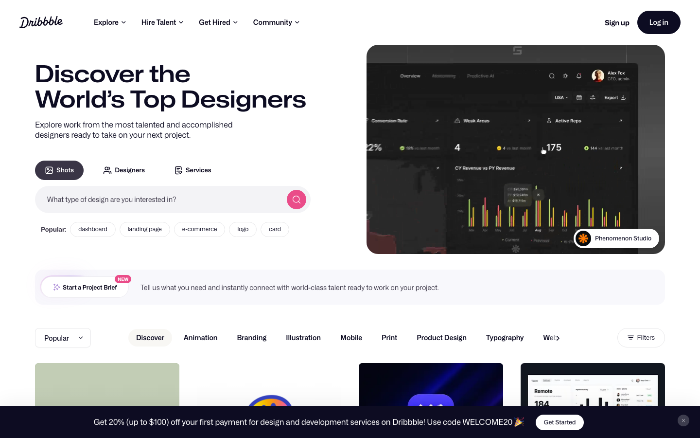 The layout prioritizes a clean, structured presentation of designer profiles. A grid of featured designers is offset by a prominent search bar, creating a balanced and functional experience. Typography is clean and legible, with ample white space. · designer showcase, creative portfolio, design platform, user profiles, grid layout, minimalist design, creative directory, dribbble search, design inspiration, online portfolio