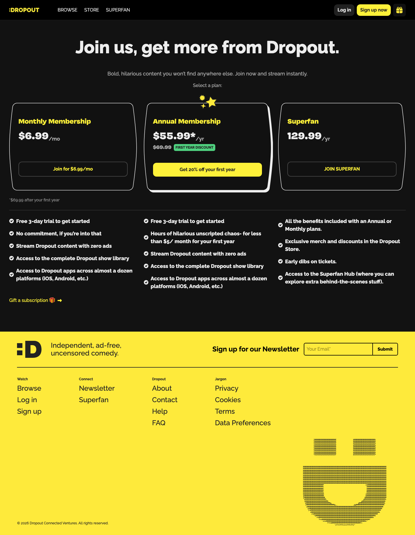 Dropout Tv — Pricing - full page scroll