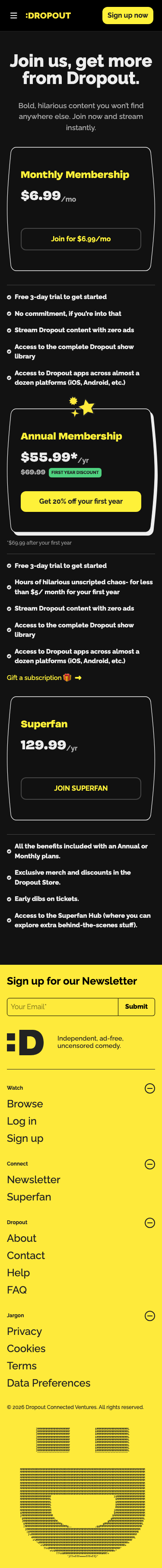 Dropout Tv — Pricing - mobile full page