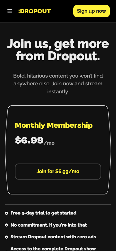 Dropout Tv — Pricing - mobile