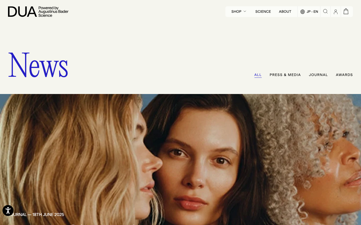 High-contrast pairing of a classic blue serif display typeface against a muted, off-white background. The layout prioritizes large-scale photography with minimal, airy navigation.  ·  editorial beauty layout, luxury skincare web design, serif display typography, minimalist news feed, high-end cosmetic site