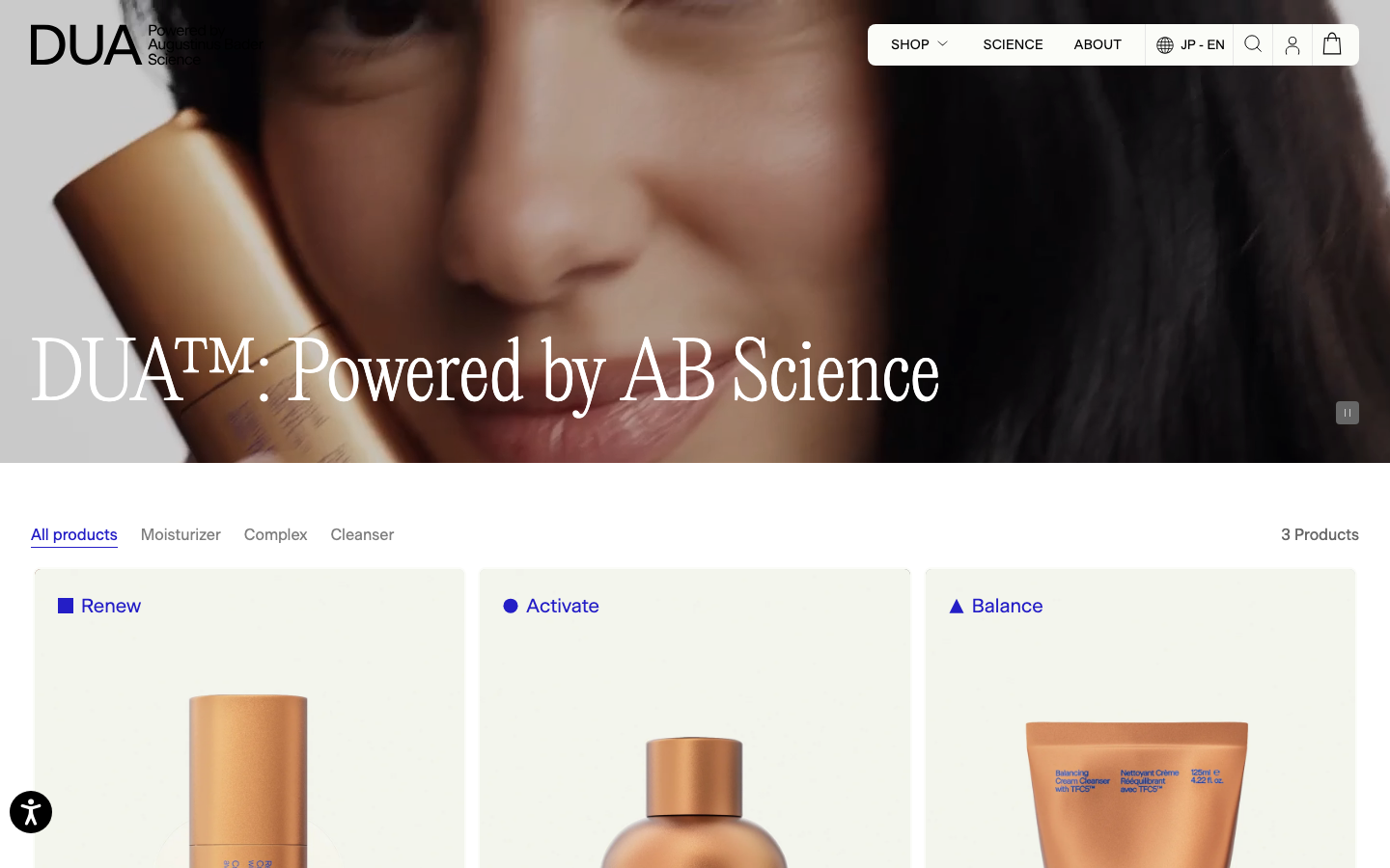 DUA™ · Skincare - High-end skincare layout featuring a full-bleed cinematic hero image with elegant serif typography. The product grid below uses soft, neutral backgrounds and a clean, spacious layout.  ·  luxury skincare ecommerce, editorial beauty layout, minimalist product grid, serif hero typography, high-end cosmetic web design