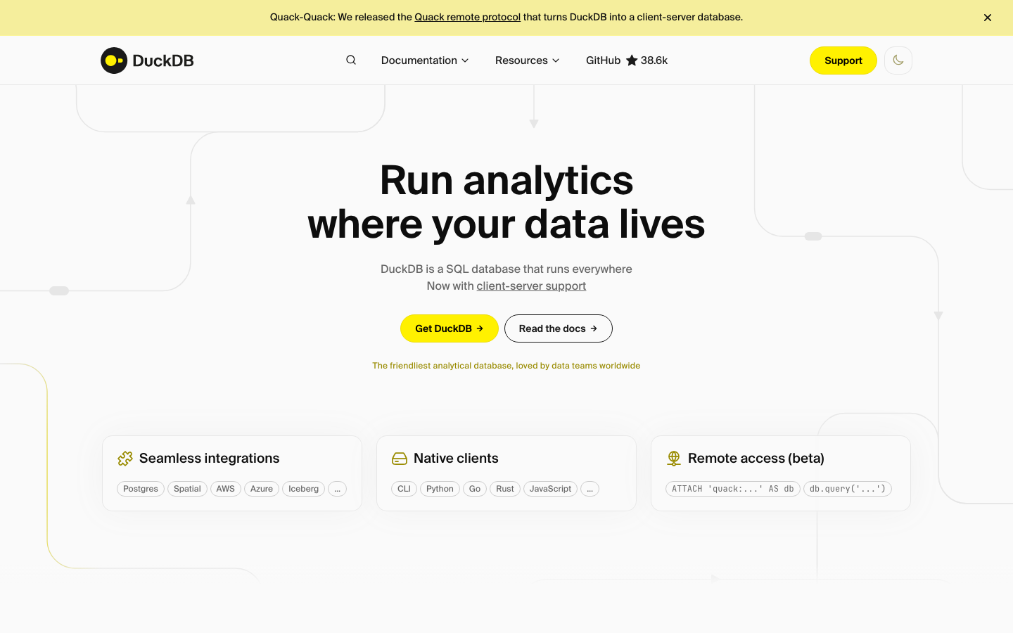 DuckDB is an in-process SQL OLAP database management system. Simple, feature-rich, fast & open source. · minimalism, swiss, brutalism, developer-tools, saas, feature-trio, hero-with-cta, feature-alternating