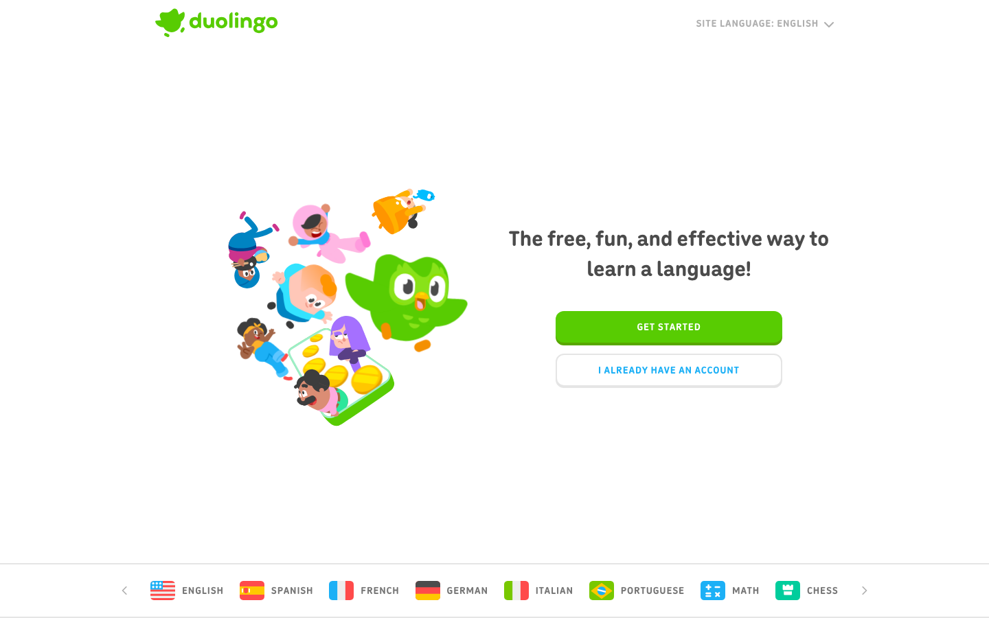 The layout uses a playful arrangement of illustrated characters and a clean, white background. The overall feel is light and inviting, prioritizing visual appeal and ease of navigation. · language learning, educational app, kids learning, colorful design, illustrated hero, playful interface, duolingo landing page, learn languages