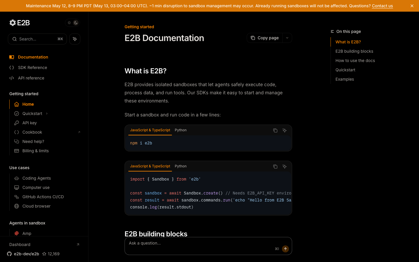 E2b — Docs - The page presents a stark, technical interface with a prominent code display. Typography is clean and functional, prioritizing readability over ornamentation. The overall aesthetic is utilitarian and focused on the tool itself.  ·  ai sandbox, llm playground, developer tools, code editor, terminal interface, ai research, deep learning, sandbox environment