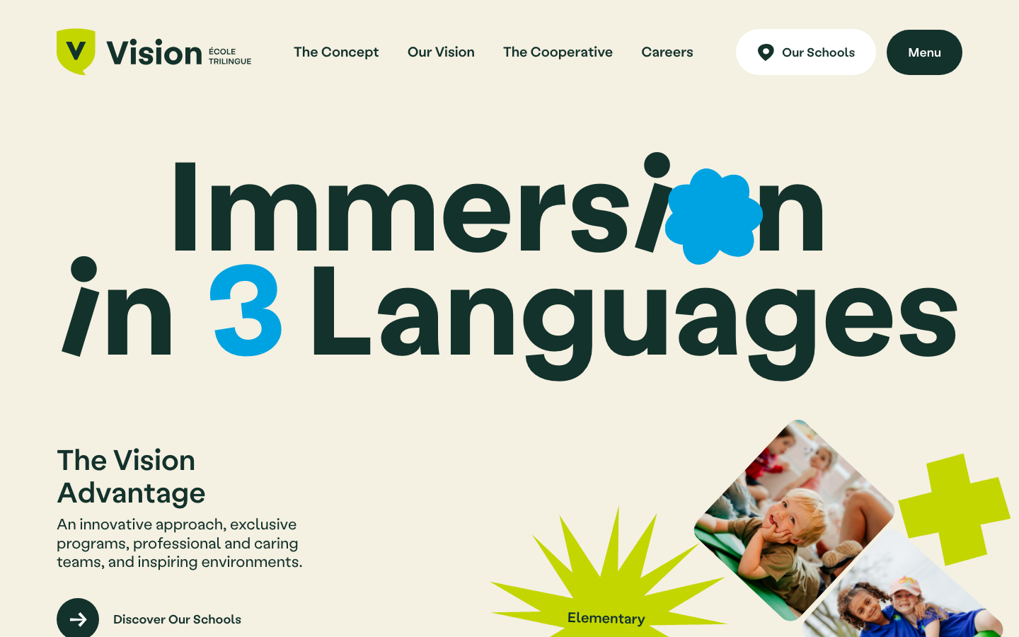 High-contrast typography with oversized display text set against a cream background. Playful geometric shapes and organic cut-out imagery create a friendly, educational energy. · education hero, playful typography, cream background, bold display type, childcare web design, geometric accents
