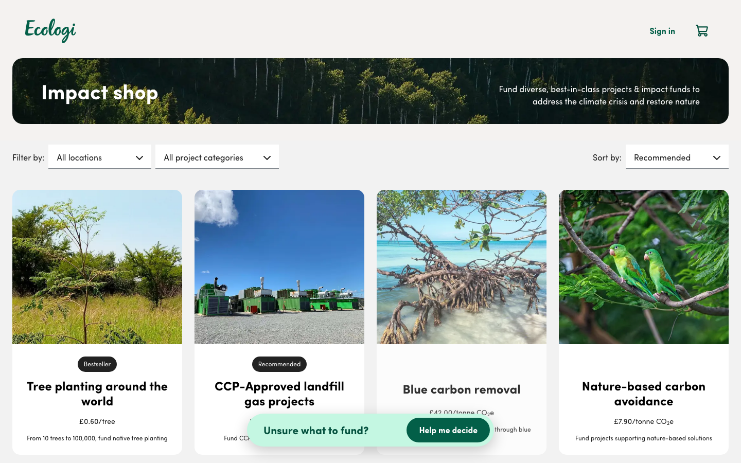 The page uses a clean, airy layout with ample white space and soft, muted greens. Photography is integrated seamlessly, creating a sense of calm and connection to nature. Typography is understated, prioritizing readability and a sense of trustworthiness. · climate action, sustainability, carbon emissions, environmental impact, eco-friendly, impact investing, green initiatives, climate solutions, environmental organization, ecologi