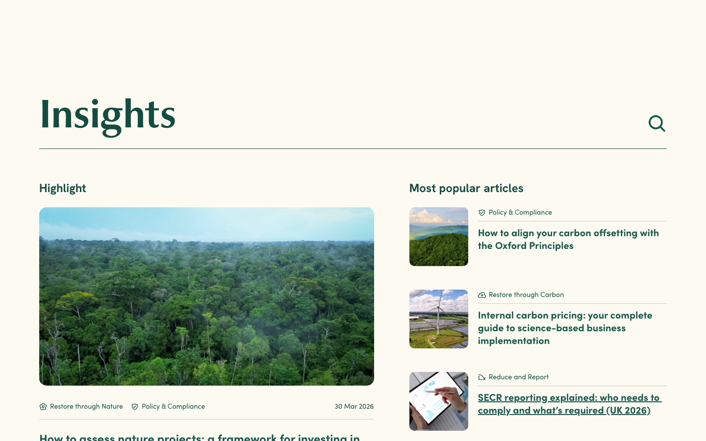 The page uses a clean, airy layout with ample white space and soft, muted greens. Photography is integrated seamlessly, creating a sense of calm and connection to nature. Typography is understated, prioritizing readability and a sense of trustworthiness. · climate action, sustainability, carbon emissions, environmental impact, eco-friendly, impact investing, green initiatives, climate solutions, environmental organization, ecologi