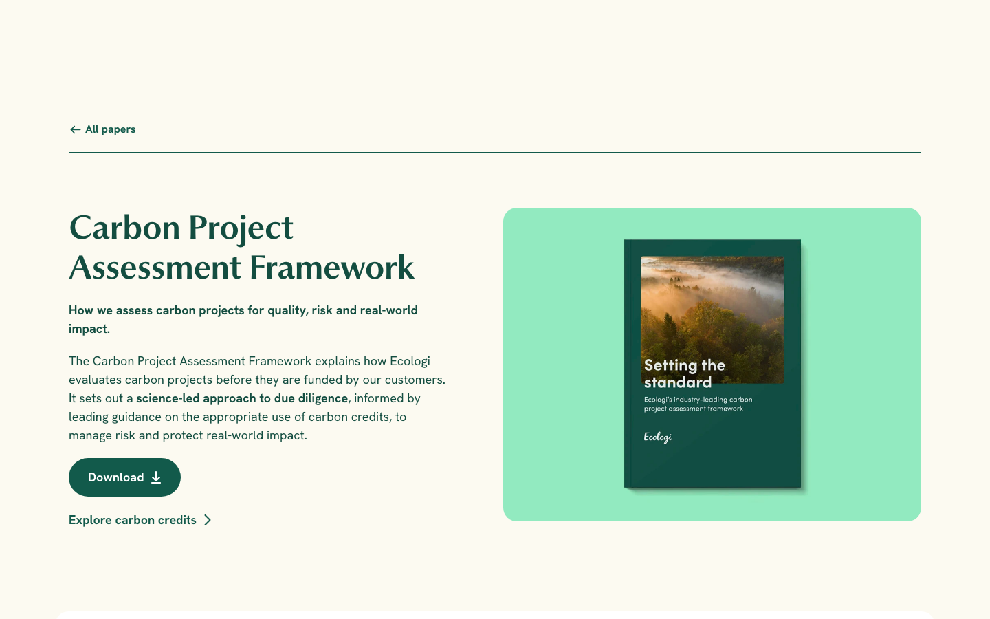 The page uses a clean, airy layout with ample white space and soft, muted greens. Photography is integrated seamlessly, creating a sense of calm and connection to nature. Typography is understated, prioritizing readability and a sense of trustworthiness. · climate action, sustainability, carbon emissions, environmental impact, eco-friendly, impact investing, green initiatives, climate solutions, environmental organization, ecologi