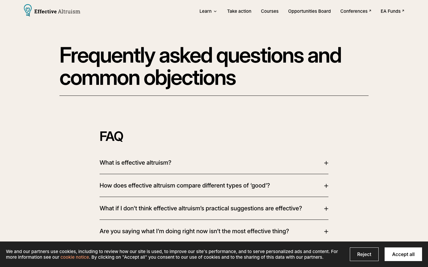 The page uses a full-bleed image with overlaid text, creating a strong visual hierarchy. The typography is clean and legible, prioritizing clarity and impact over ornamentation. The overall feel is serious and purposeful. · nonprofit impact, altruism website, impact measurement, charity design, social good, effective altruism, data visualization, presentation design