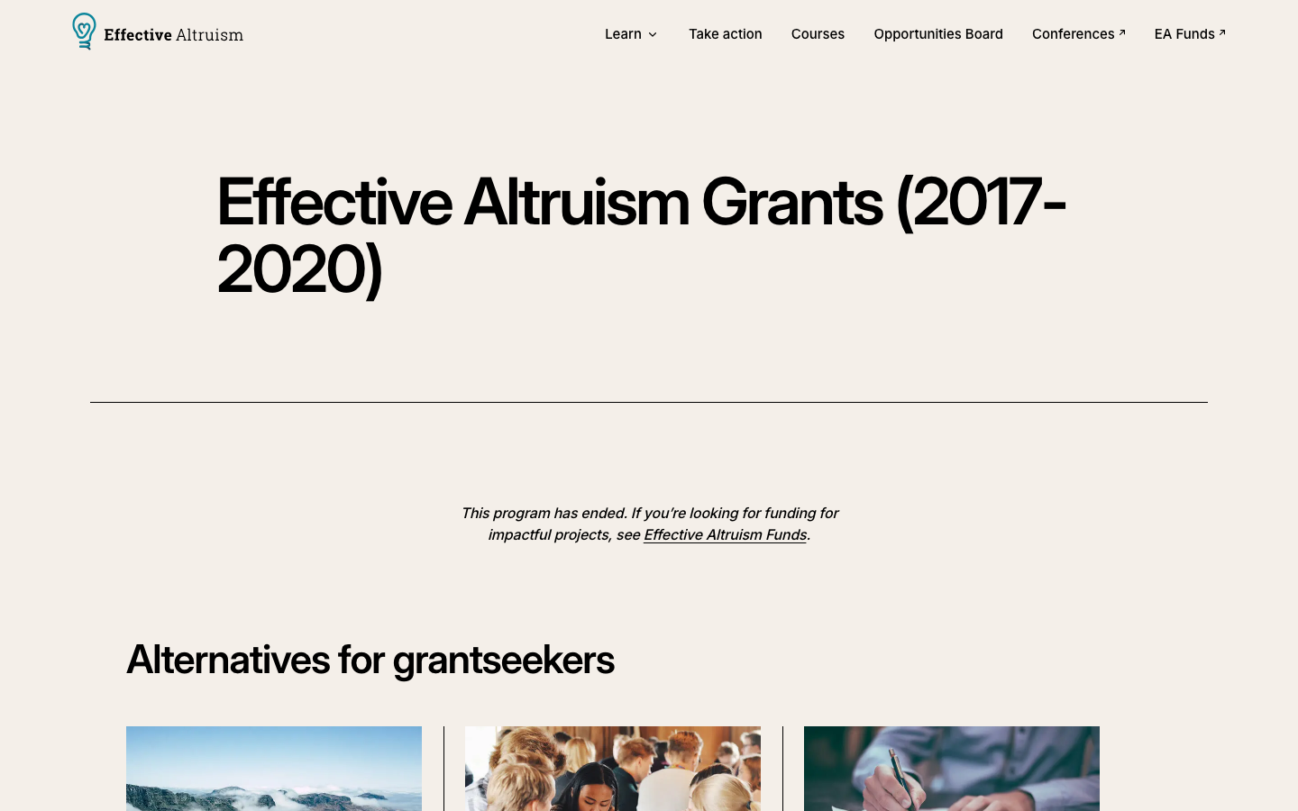 The page uses a full-bleed image with overlaid text, creating a strong visual hierarchy. The typography is clean and legible, prioritizing clarity and impact over ornamentation. The overall feel is serious and purposeful. · nonprofit impact, altruism website, impact measurement, charity design, social good, effective altruism, data visualization, presentation design
