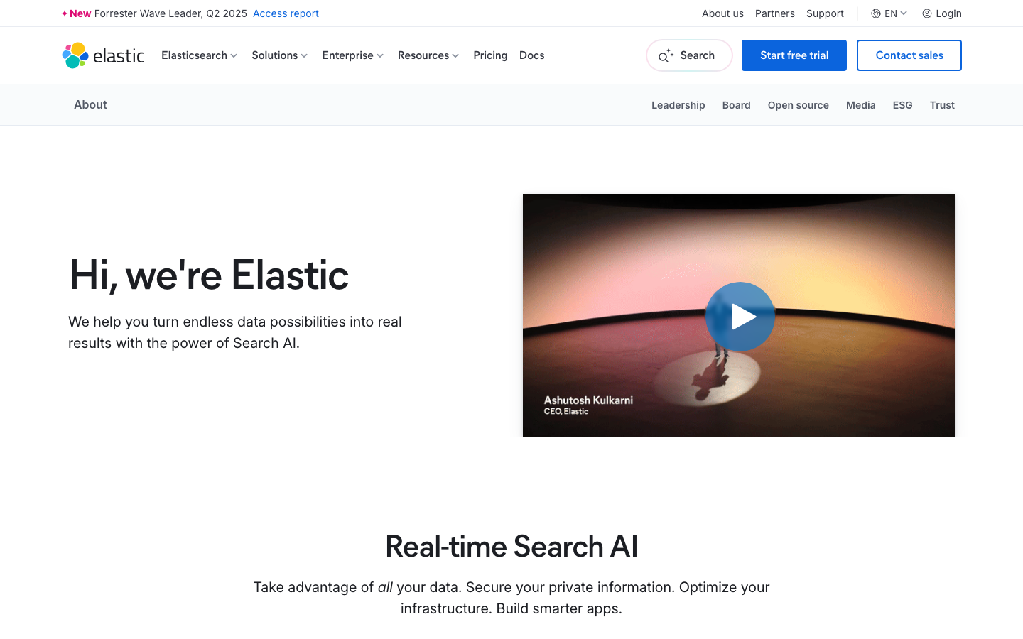 The page uses a clean, grid-based layout to showcase key product features with concise descriptions and strong visual emphasis on numbers and calls to action. The overall feel is efficient and data-driven. · saas landing page, developer tools, ai platform, data analytics, search engine, elastic search, technology website