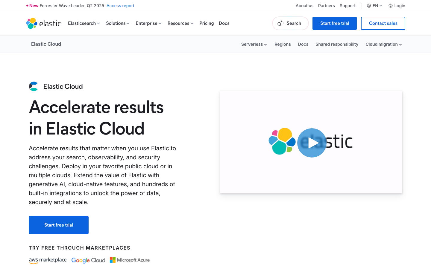 The page uses a clean, grid-based layout to showcase key product features with concise descriptions and strong visual emphasis on numbers and calls to action. The overall feel is efficient and data-driven.  ·  saas landing page, developer tools, ai platform, data analytics, search engine, elastic search, technology website