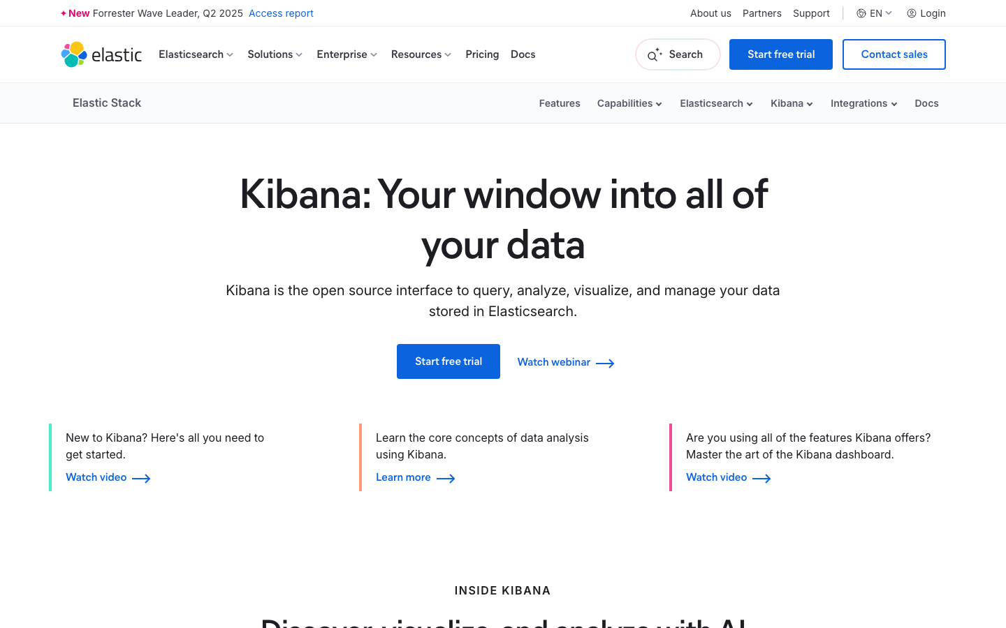 The page uses a clean, grid-based layout to showcase key product features with concise descriptions and strong visual emphasis on numbers and calls to action. The overall feel is efficient and data-driven. · saas landing page, developer tools, ai platform, data analytics, search engine, elastic search, technology website