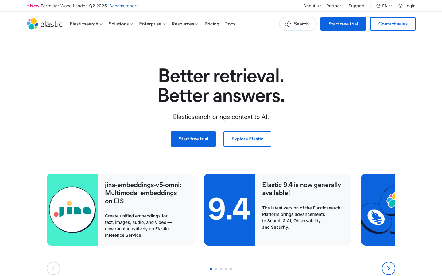 Elastic - The page uses a clean, grid-based layout to showcase key product features with concise descriptions and strong visual emphasis on numbers and calls to action. The overall feel is efficient and data-driven.  ·  saas landing page, developer tools, ai platform, data analytics, search engine, elastic search, technology website