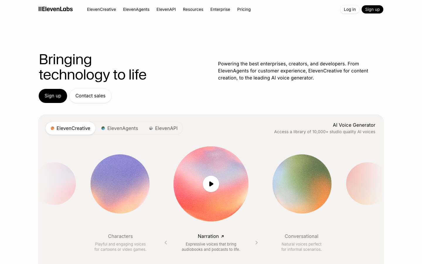 The page uses a clean, grid-based layout to showcase different AI voice options. The color palette is soft and pastel, with a focus on muted tones and subtle gradients. Typography is clean and legible, prioritizing clarity over ornamentation. · ai voice, voice generator, text to speech, speech synthesis, voice options, ai platform, audio ai