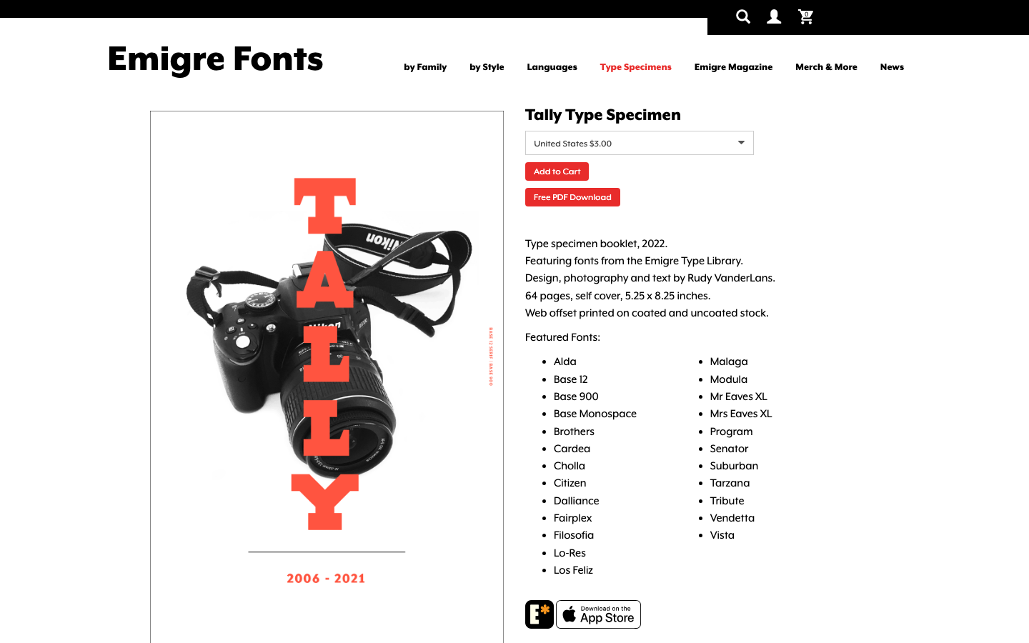 The layout prioritizes showcasing the fonts themselves, using a grid of specimen tiles. The design is clean and functional, emphasizing typographic detail through ample white space and a restrained color palette. · font specimen grid, typography showcase, design archive, type foundry, minimalist typography, emigre fonts, lettering display, font catalog