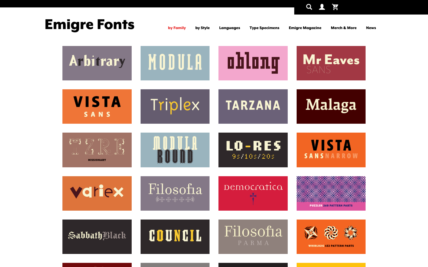 Emigre - The layout prioritizes showcasing the fonts themselves, using a grid of specimen tiles. The design is clean and functional, emphasizing typographic detail through ample white space and a restrained color palette.  ·  font specimen grid, typography showcase, design archive, type foundry, minimalist typography, emigre fonts, lettering display, font catalog