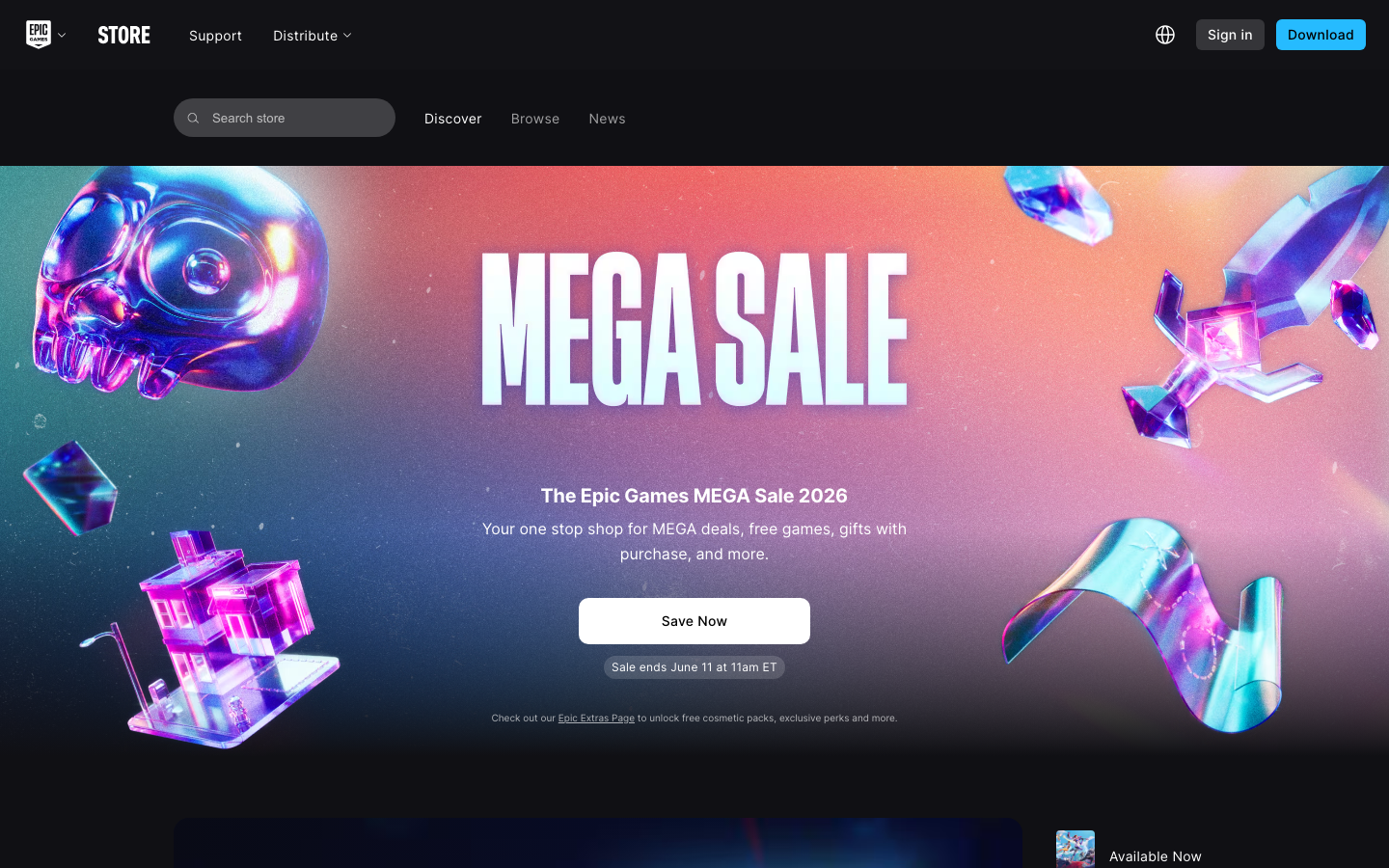 Epicgames - The hero image is a dynamic, stylized skull and geometric shapes against a gradient backdrop. The overall aesthetic feels energetic and modern, leaning into a futuristic, digital feel with vibrant colors and a sense of depth.  ·  gaming sale, digital storefront, epic games, sale banner, futuristic design, neon colors, game promotion