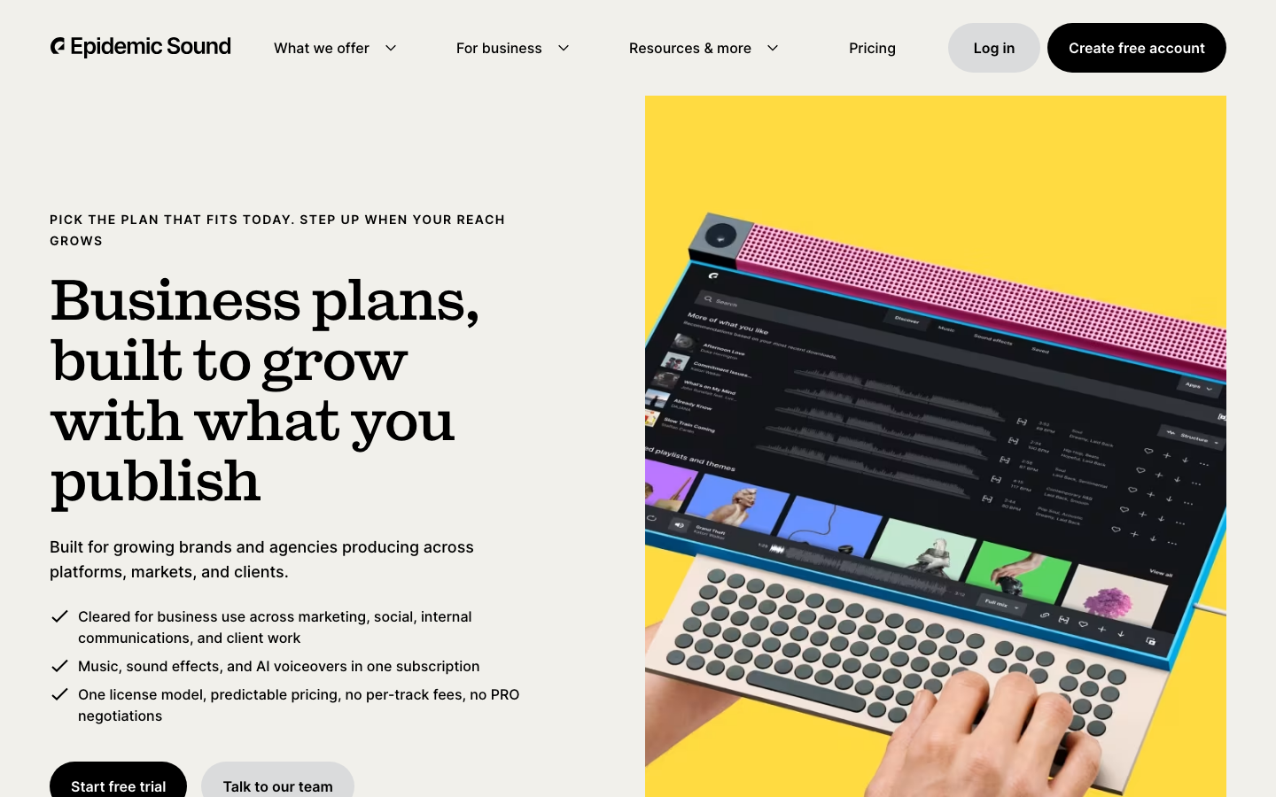 A clean, high-contrast layout featuring a bold serif headline paired with a vibrant yellow background for the product imagery. The composition uses a strict vertical split to balance heavy typography with a tactile hardware mockup. · music saas hero, split screen layout, bold serif typography, high contrast yellow, modern b2b landing page