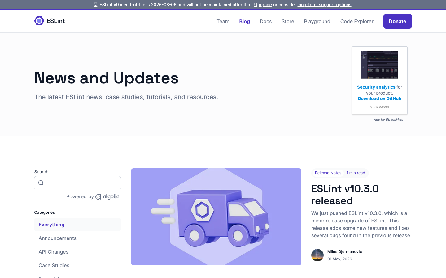 The page prioritizes clarity and functionality through a stark, dark aesthetic. Typography is clean and legible, with a focus on hierarchy and spacing. The overall impression is one of precision and efficiency. · javascript linter, eslint documentation, code analysis, developer tools, technical website, dark theme, code quality