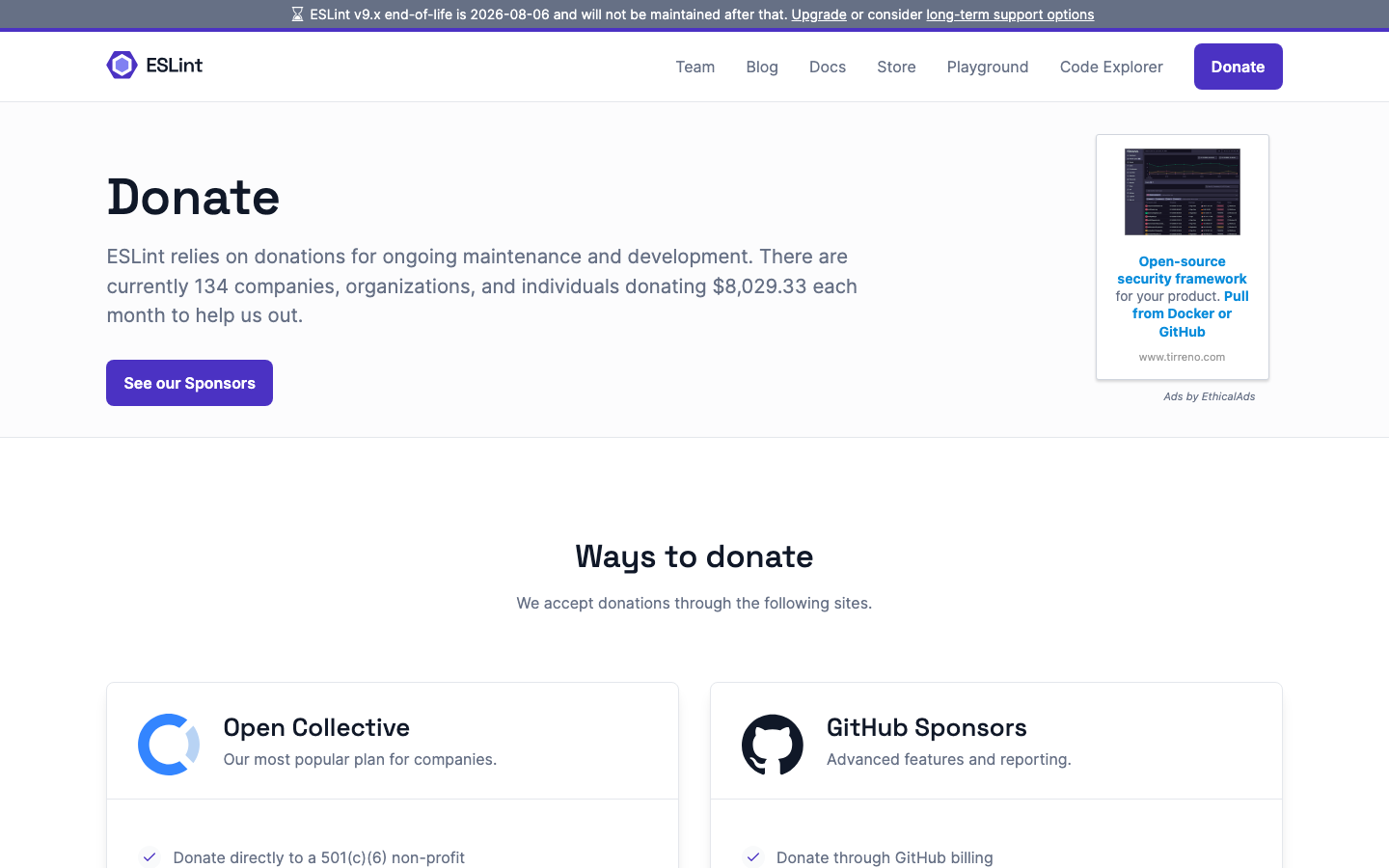 The page prioritizes clarity and functionality through a stark, dark aesthetic. Typography is clean and legible, with a focus on hierarchy and spacing. The overall impression is one of precision and efficiency. · javascript linter, eslint documentation, code analysis, developer tools, technical website, dark theme, code quality