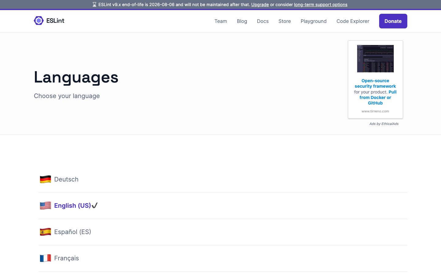 The page prioritizes clarity and functionality through a stark, dark aesthetic. Typography is clean and legible, with a focus on hierarchy and spacing. The overall impression is one of precision and efficiency. · javascript linter, eslint documentation, code analysis, developer tools, technical website, dark theme, code quality