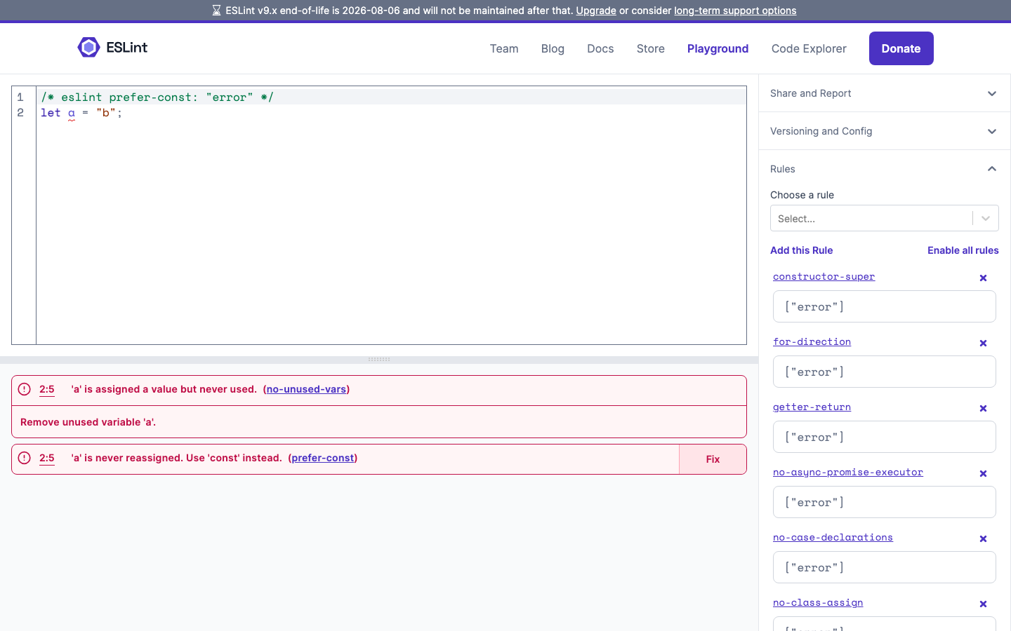 The page prioritizes clarity and functionality through a stark, dark aesthetic. Typography is clean and legible, with a focus on hierarchy and spacing. The overall impression is one of precision and efficiency. · javascript linter, eslint documentation, code analysis, developer tools, technical website, dark theme, code quality