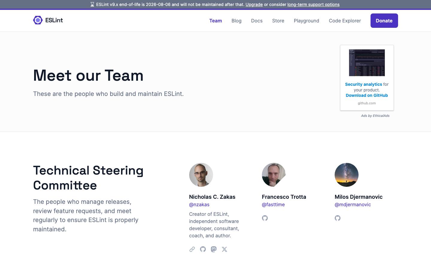 The page prioritizes clarity and functionality through a stark, dark aesthetic. Typography is clean and legible, with a focus on hierarchy and spacing. The overall impression is one of precision and efficiency. · javascript linter, eslint documentation, code analysis, developer tools, technical website, dark theme, code quality