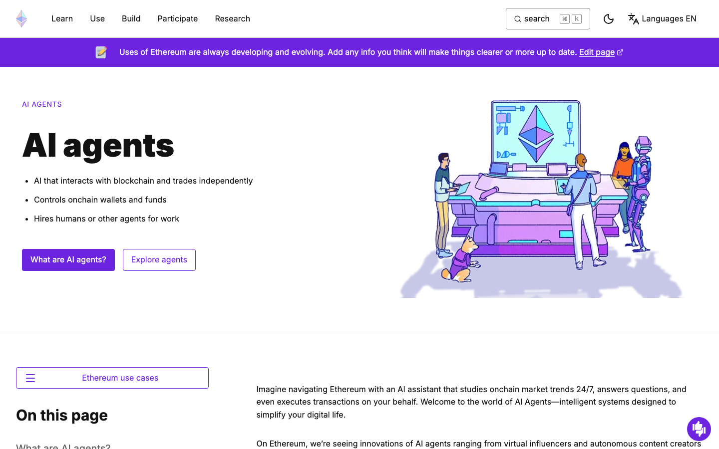 The hero image establishes a whimsical, illustrative world. The color palette is soft and muted, creating a sense of calm and accessibility. Typography is clean and modern, prioritizing readability. · ethereum, blockchain, web3, developer, technology, illustration, minimalist, digital