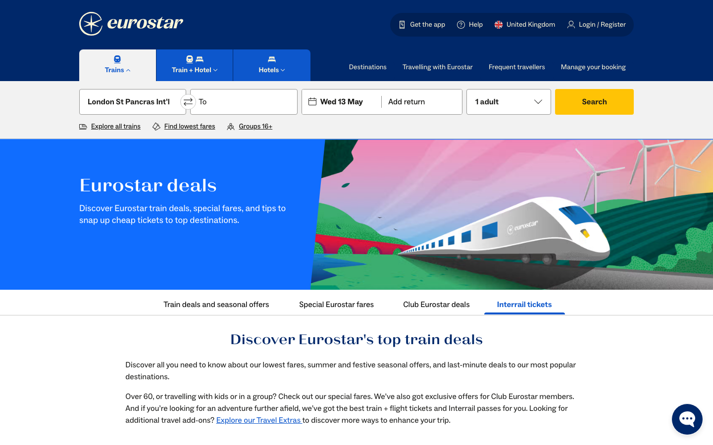 The layout is split, with a large image on the left and text on the right. The typography is clean and functional, prioritizing clarity and ease of navigation. The overall feel is sophisticated and efficient. · travel booking, train travel, europe travel, paris to amsterdam, eurostar, city break, transport, international travel