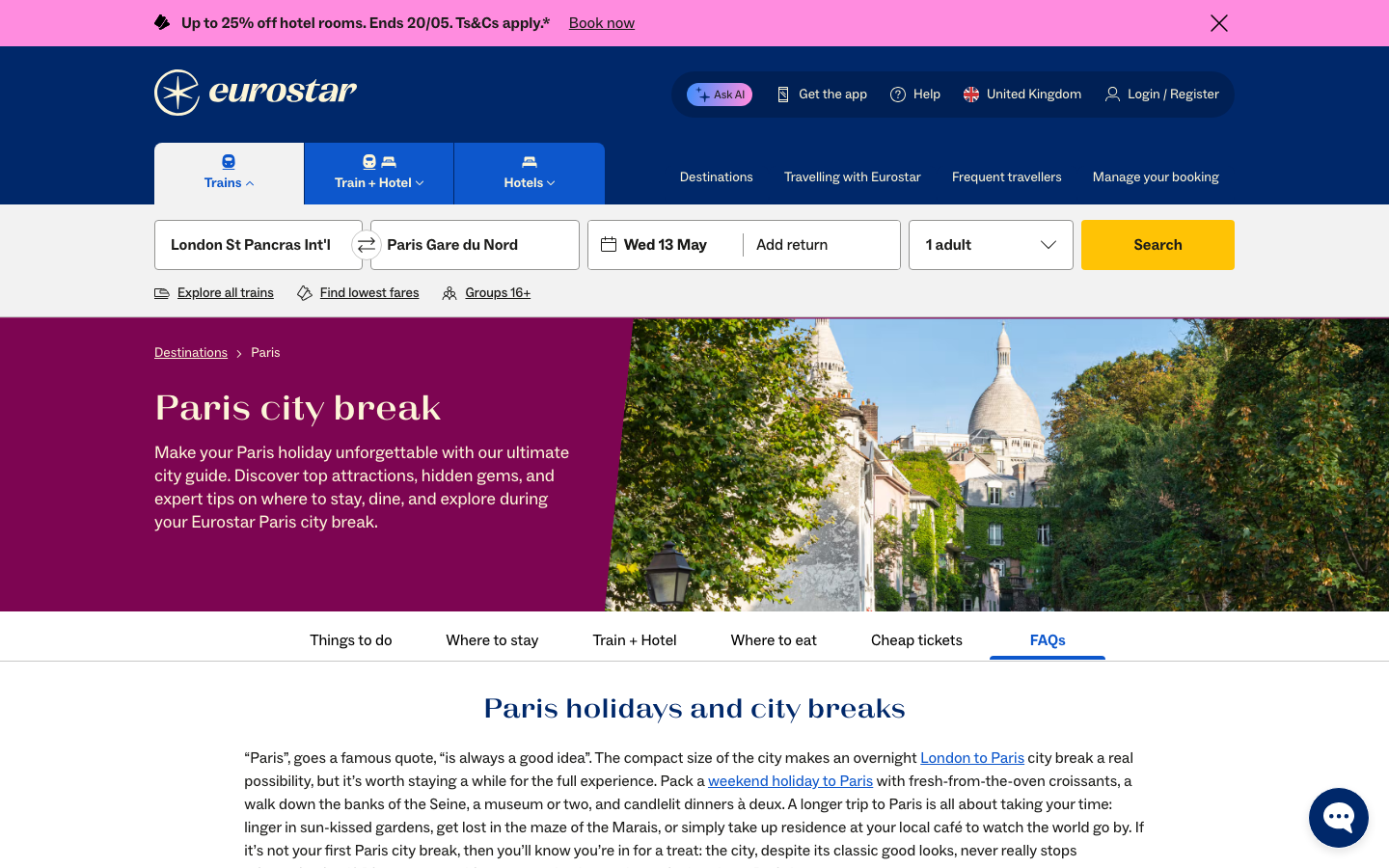The layout is split, with a large image on the left and text on the right. The typography is clean and functional, prioritizing clarity and ease of navigation. The overall feel is sophisticated and efficient. · travel booking, train travel, europe travel, paris to amsterdam, eurostar, city break, transport, international travel