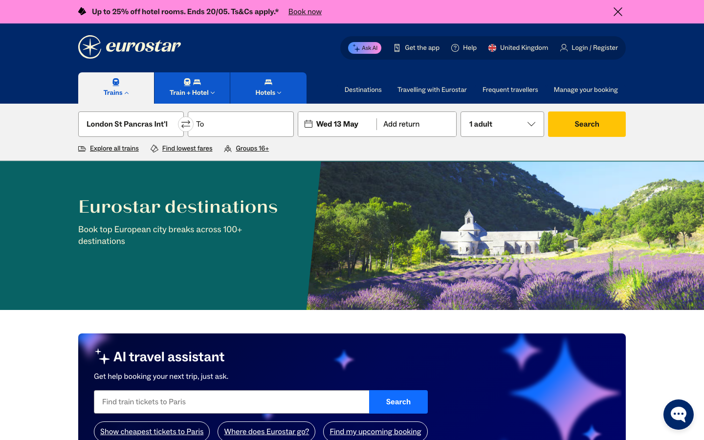 The layout is split, with a large image on the left and text on the right. The typography is clean and functional, prioritizing clarity and ease of navigation. The overall feel is sophisticated and efficient. · travel booking, train travel, europe travel, paris to amsterdam, eurostar, city break, transport, international travel