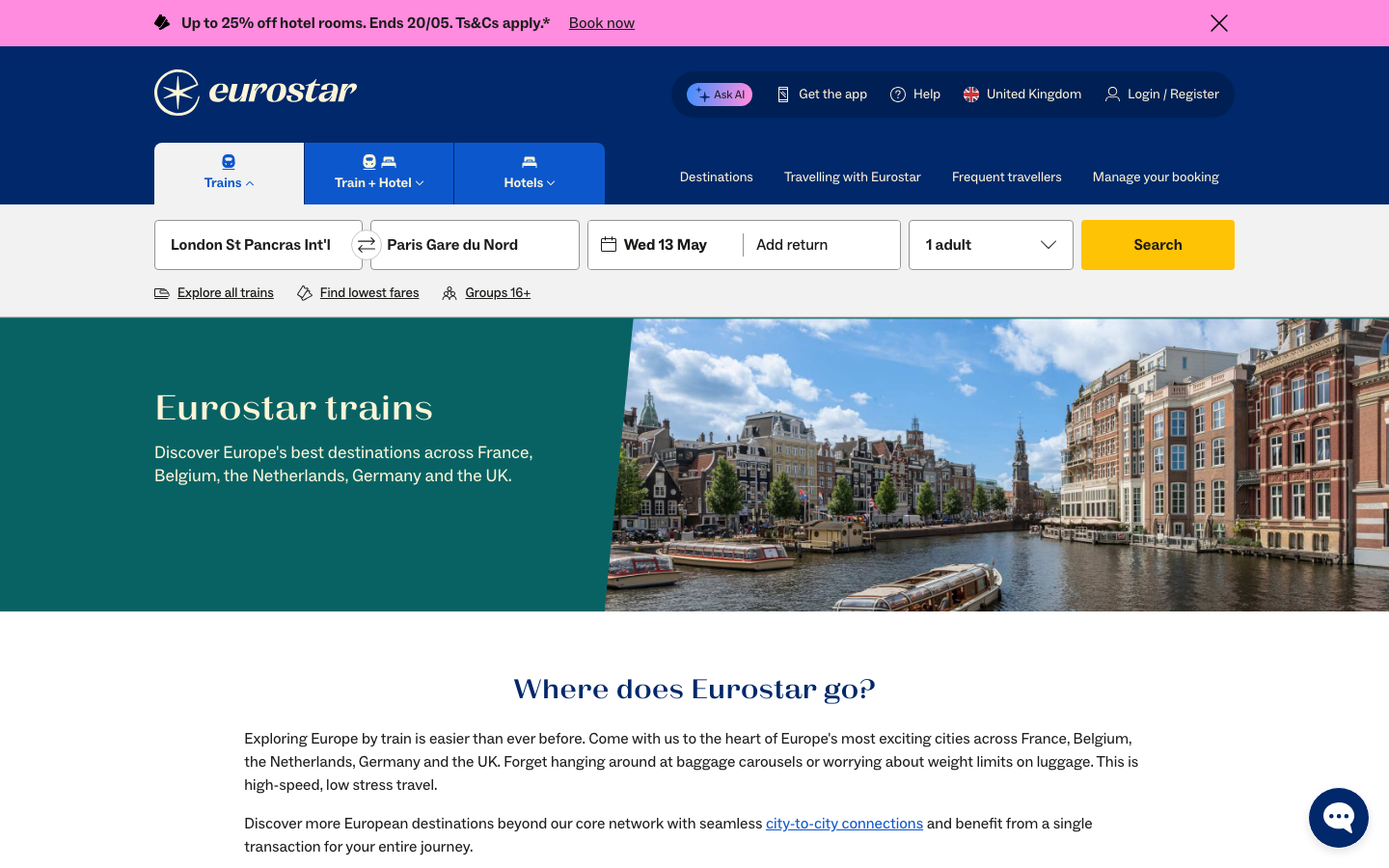 The layout is split, with a large image on the left and text on the right. The typography is clean and functional, prioritizing clarity and ease of navigation. The overall feel is sophisticated and efficient. · travel booking, train travel, europe travel, paris to amsterdam, eurostar, city break, transport, international travel