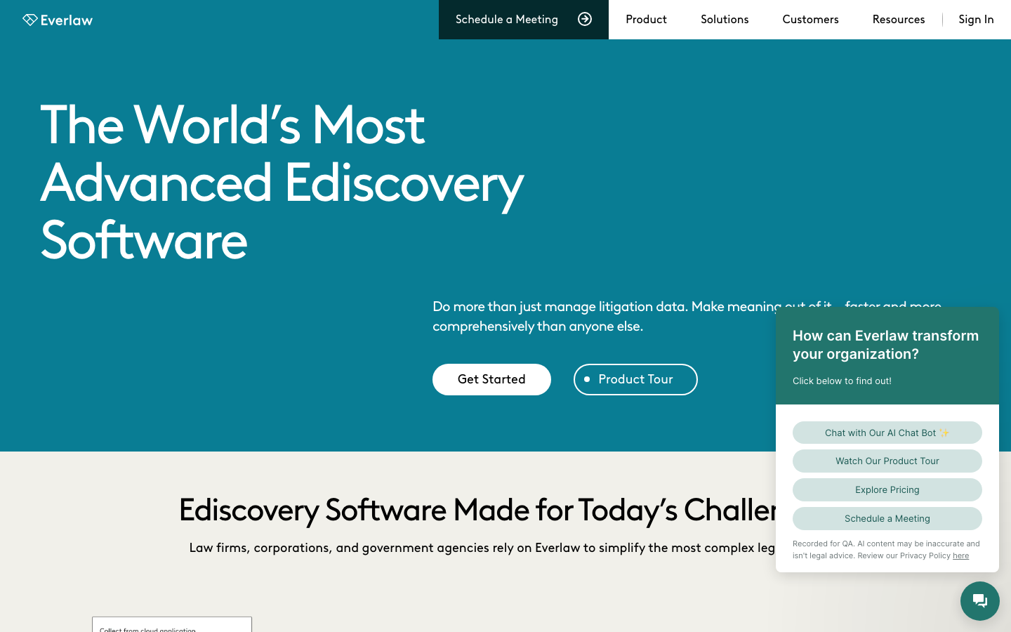 The page uses a clean, spacious layout with ample white space and a restrained color palette. Typography is clean and legible, prioritizing clarity and functionality. The overall mood is professional and trustworthy. · legal tech, ediscovery, litigation software, legal platform, law firm software, investigation software, everlaw, legal technology