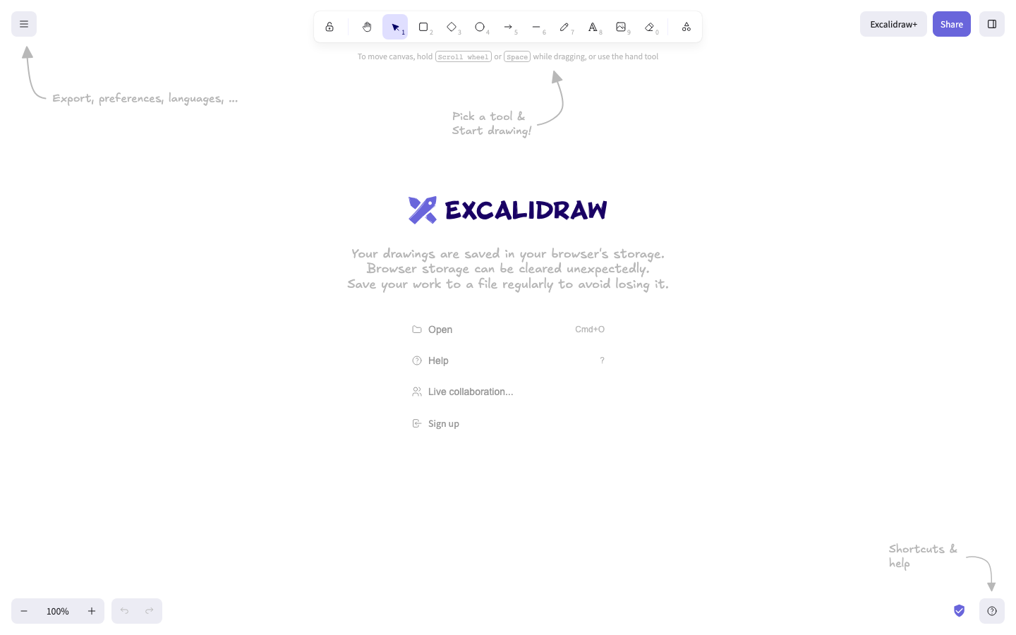 Excalidraw - The interface prioritizes functionality with a clean, spacious layout. The muted color palette and subtle typography create a calm, focused atmosphere, emphasizing the tool's utility over visual flair.  ·  drawing tool, online whiteboard, diagramming, technical drawing, minimal interface, vector editor, collaborative drawing