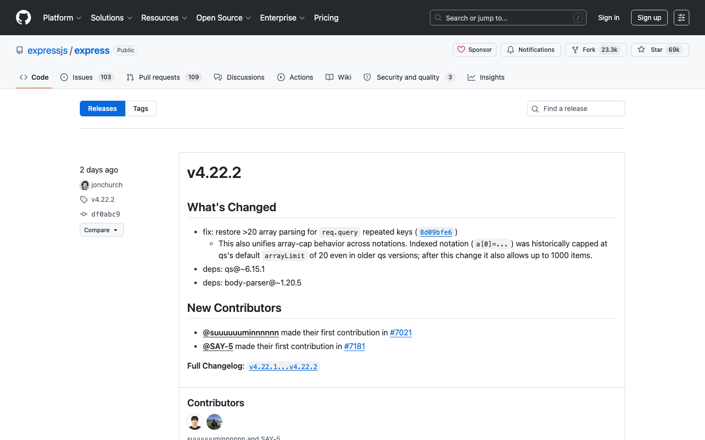 The page uses a stark, dark color palette with a prominent code block as a hero. Typography is clean and functional, prioritizing readability. The layout is divided into distinct sections, presenting key features and information in a structured manner. · javascript framework, node.js express, developer tools, dark theme, code example, minimalist website, technical design, express documentation