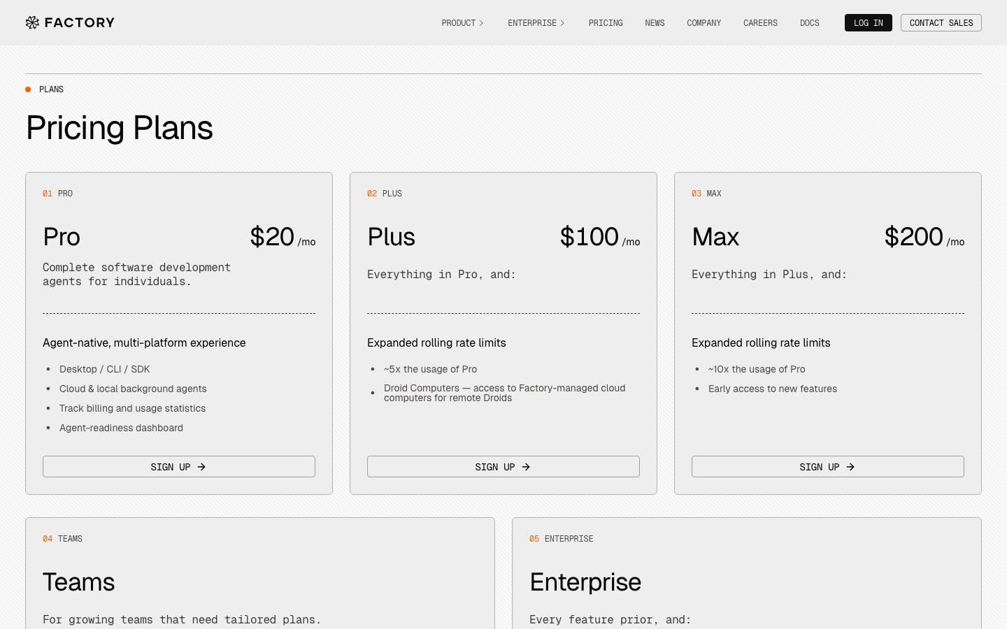 Factory — Pricing - The page uses a stark, dark palette with a focus on typography and code snippets. The layout is structured with distinct, visually separated sections, emphasizing functionality and a technical feel. The use of whitespace and clear hierarchy contribute to a sense of precision.  ·  ai developer tools, saas landing page, dark tech website, code interface, minimalist ai, developer platform, factory ai, technical design, monochrome ui, software development