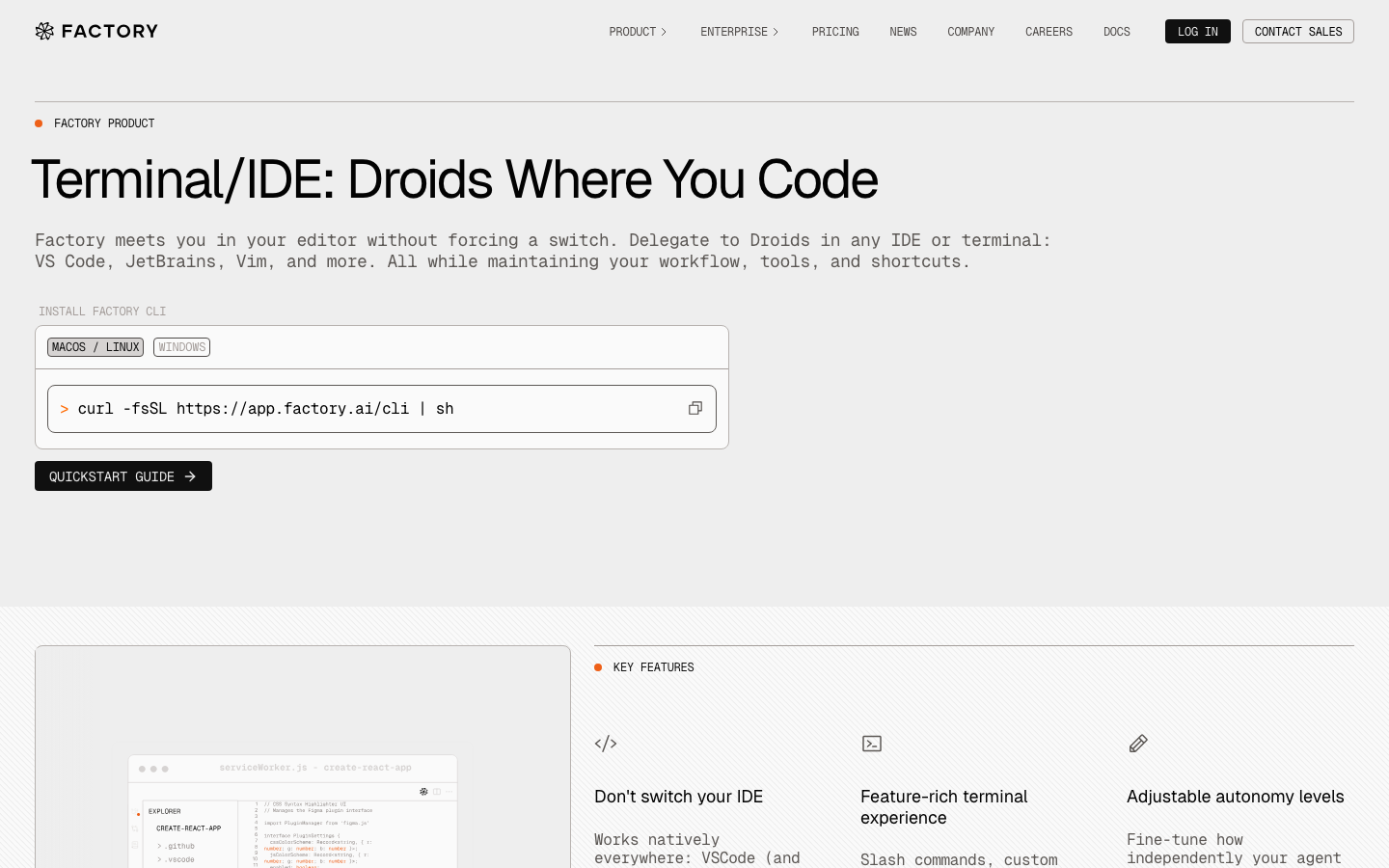 The page uses a stark, dark palette with a focus on typography and code snippets. The layout is structured with distinct, visually separated sections, emphasizing functionality and a technical feel. The use of whitespace and clear hierarchy contribute to a sense of precision. · ai developer tools, saas landing page, dark tech website, code interface, minimalist ai, developer platform, factory ai, technical design, monochrome ui, software development