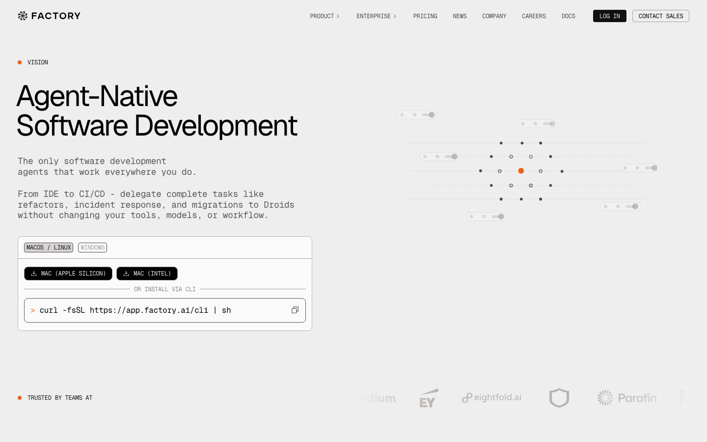 The page uses a stark, dark palette with a focus on typography and code snippets. The layout is structured with distinct, visually separated sections, emphasizing functionality and a technical feel. The use of whitespace and clear hierarchy contribute to a sense of precision. · ai developer tools, saas landing page, dark tech website, code interface, minimalist ai, developer platform, factory ai, technical design, monochrome ui, software development