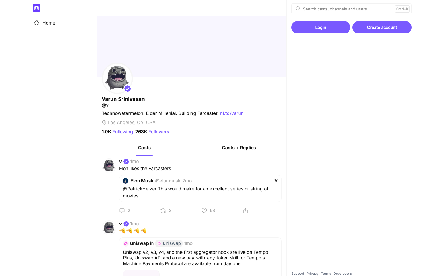 The page uses a stark, dark color palette with a prominent hero section featuring a mobile app mockup. The layout is split, with the left side showcasing a preview and the right offering signup options. Typography is clean and functional, emphasizing clarity. · dark saas, minimalist landing page, app preview, split screen, technical design, modern signup, dark mode ui, farcaster website