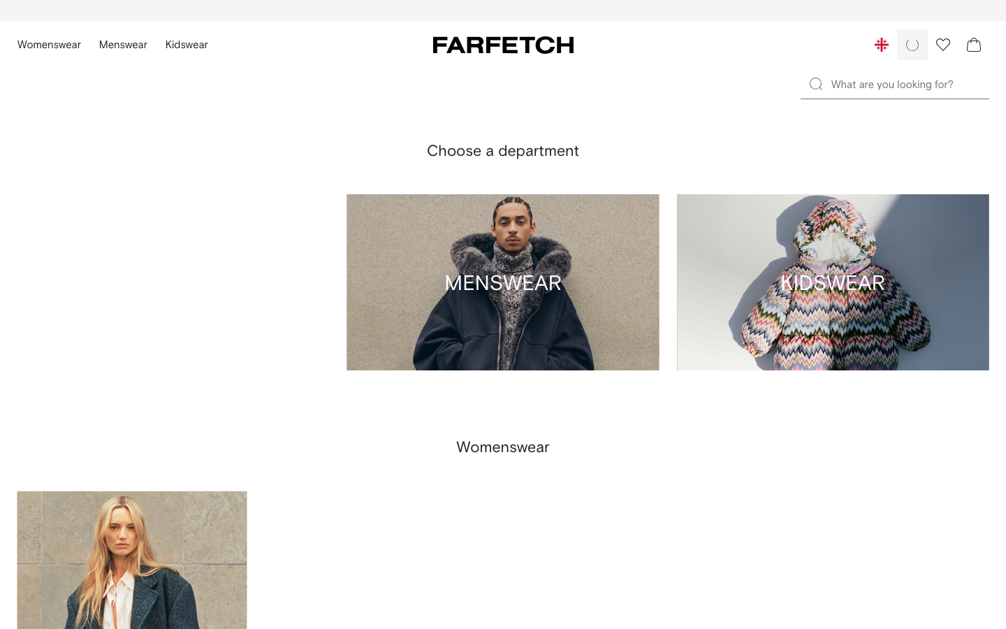 Farfetch - The layout prioritizes visual presentation of product categories through high-quality photography. Clean typography and ample white space create a sophisticated, uncluttered feel, emphasizing the curated selection.  ·  luxury fashion, online retailer, clothing store, fashion e-commerce, minimalist design, editorial layout, product showcase